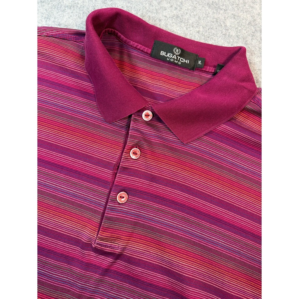 Bugatchi Uomo Mens XL Short Sleeve Polo Shirt Magenta Multi Color Striped Knit
